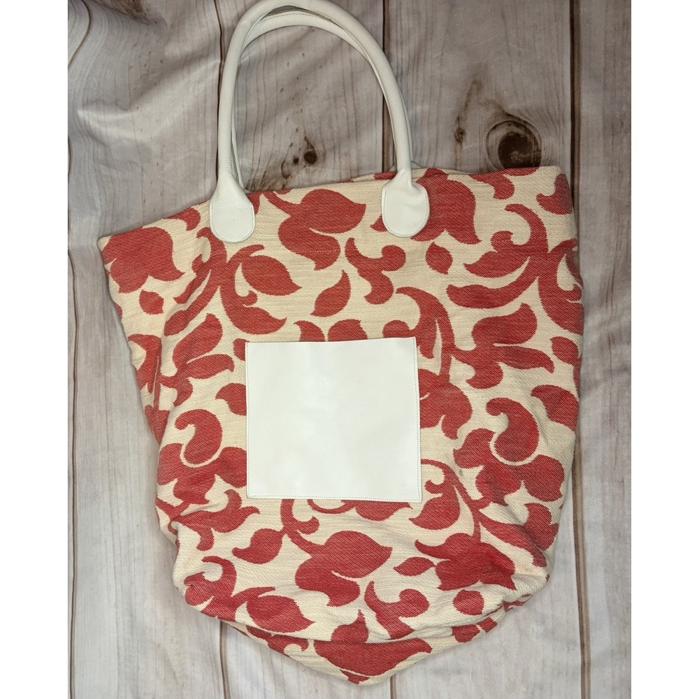 Giaquinto Tessitura Italy Red White Cotton Damask Tote Bag Large‎